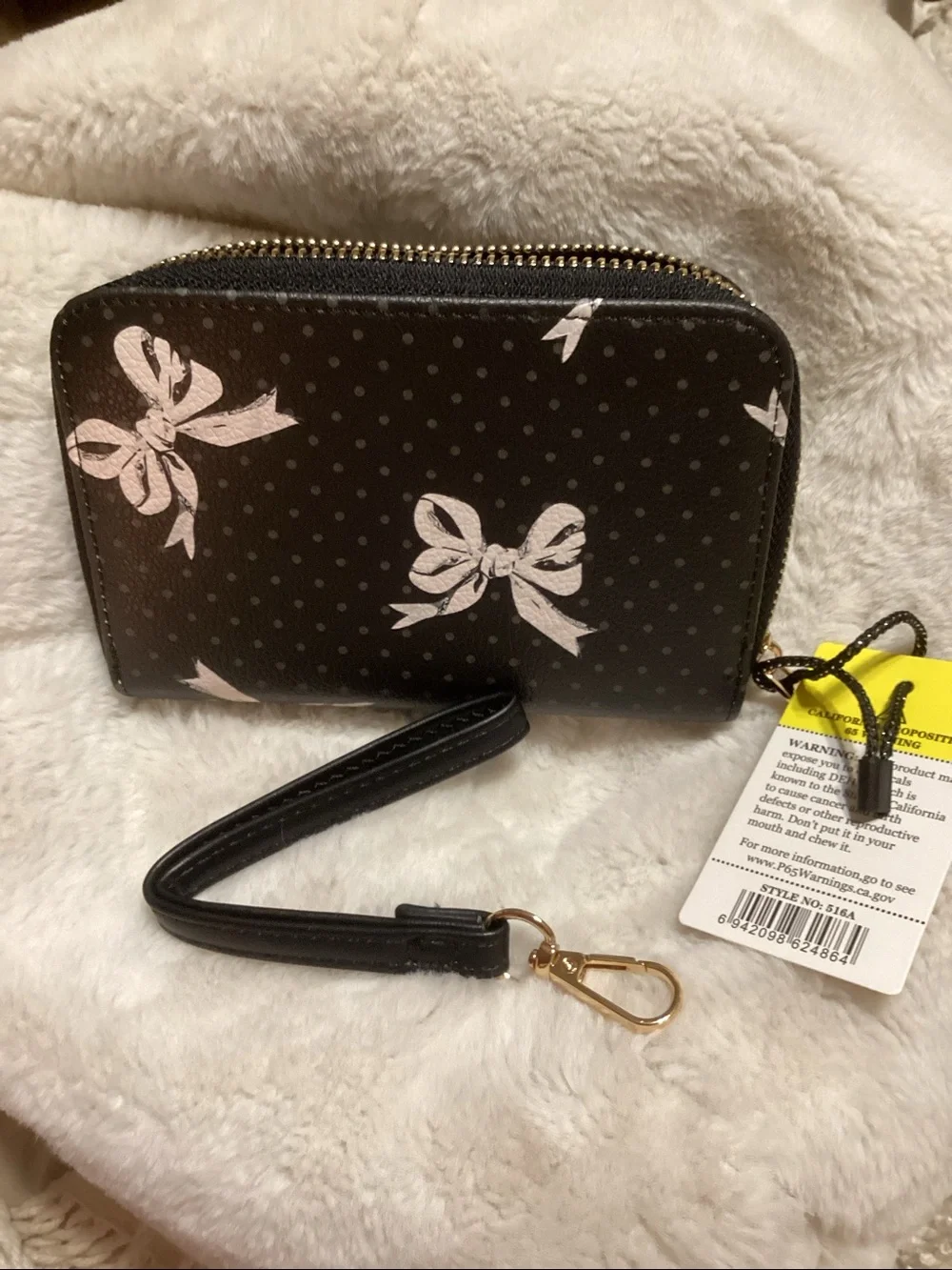 Classic Fashion Black Wallet with Pink Bow Print Zip-Around - Women